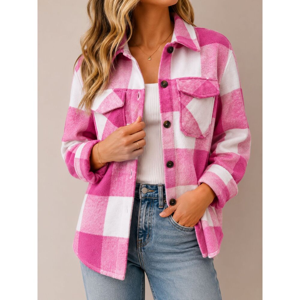 Love Tree Pink Buffalo Plaid Shacket Jacket Size Small Overshirt Cozy Trend